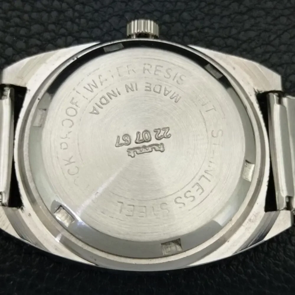 Vintage 1980 HMT Manual Wound Mens Silver Watch & Blue accents